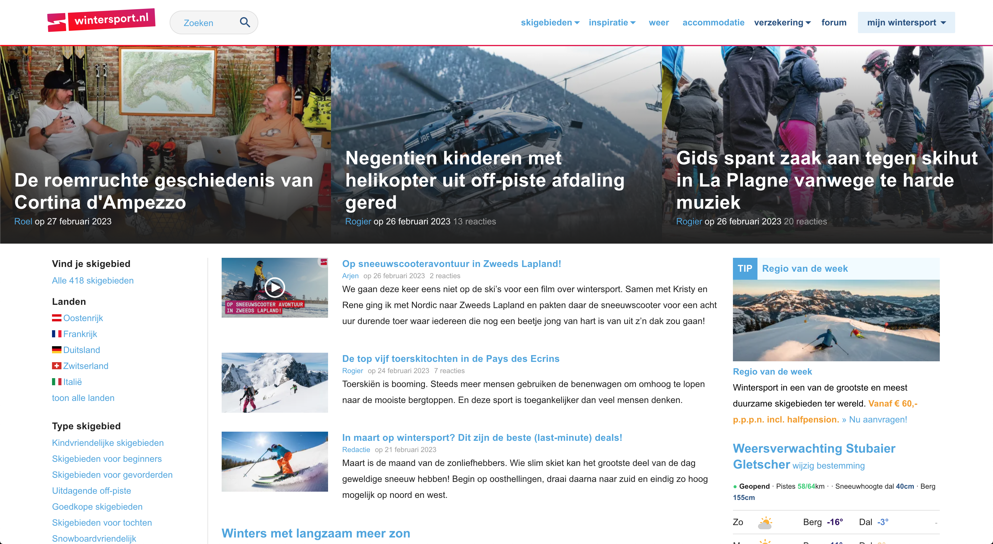 screenshot of wintersport.nl landingpage